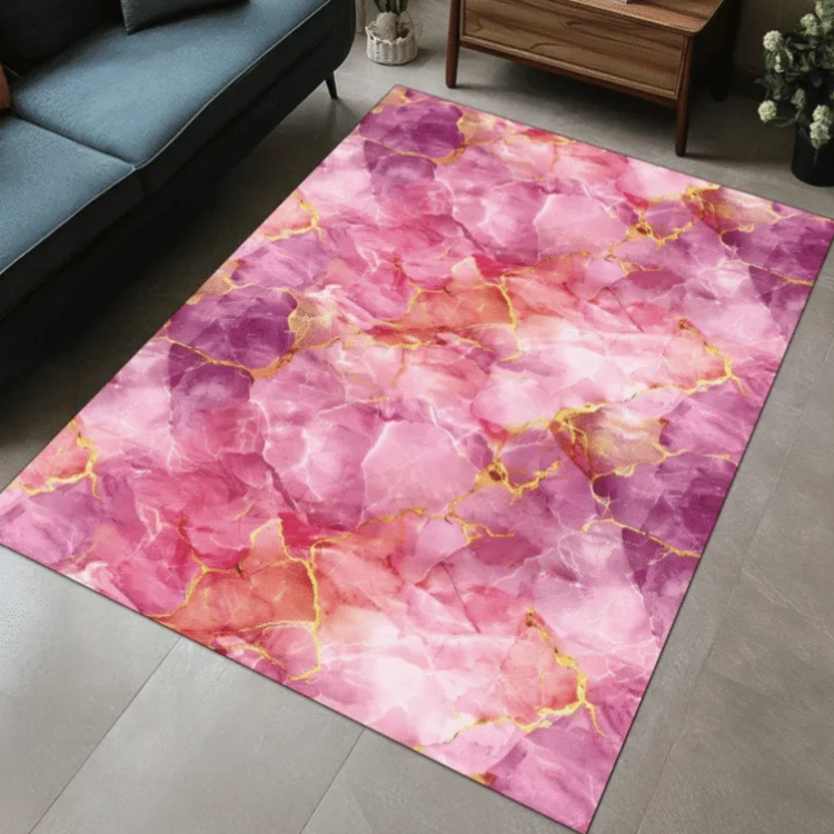 Pink Crystal Pattern Marble Rug, Quartz Stone Effect Rug,