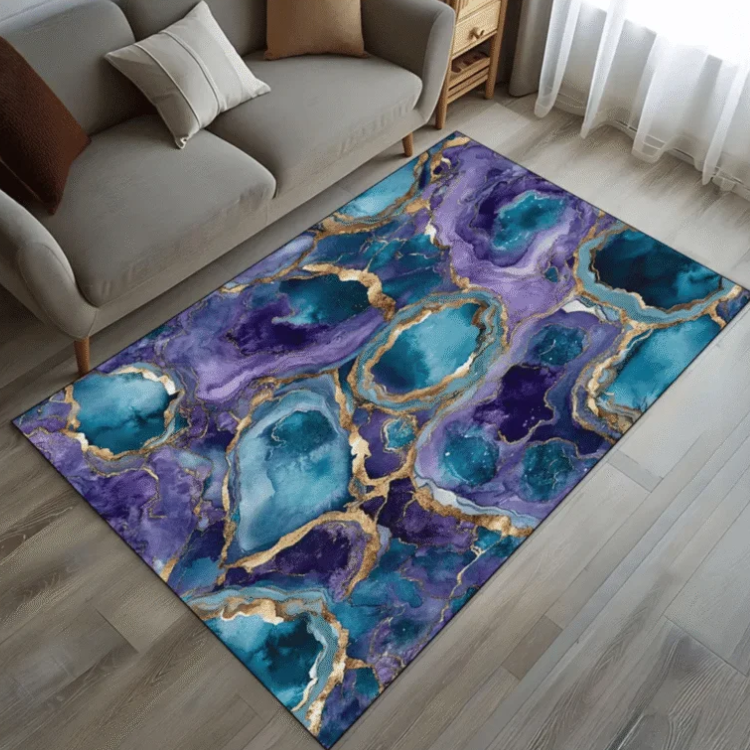 Purple Turquoise Agate Stone Design Rug, Luxury Abstract Marble Style Rug
