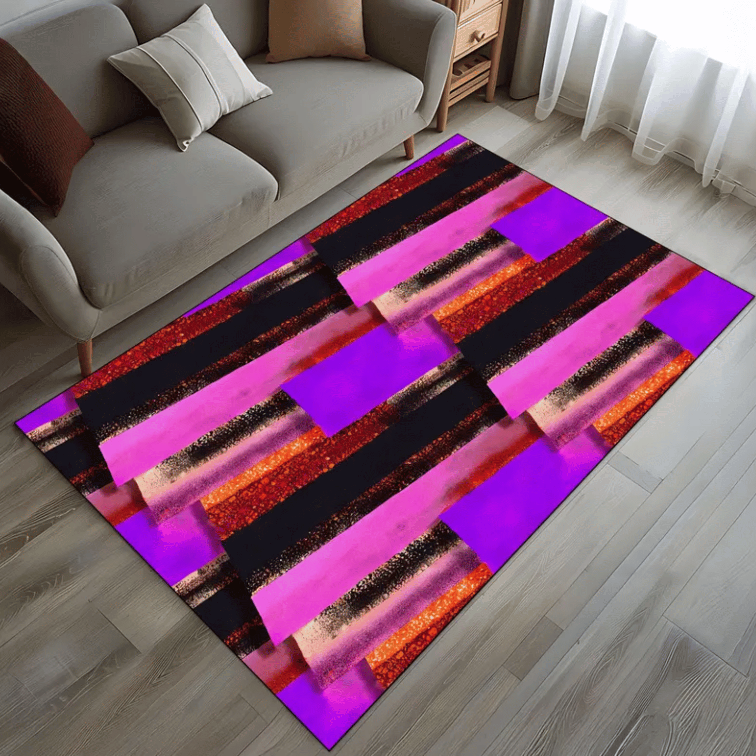 Vibrant Pop Art Rug, Energetic Pattern Digital Rug, Pink Black Purple Art Carpet