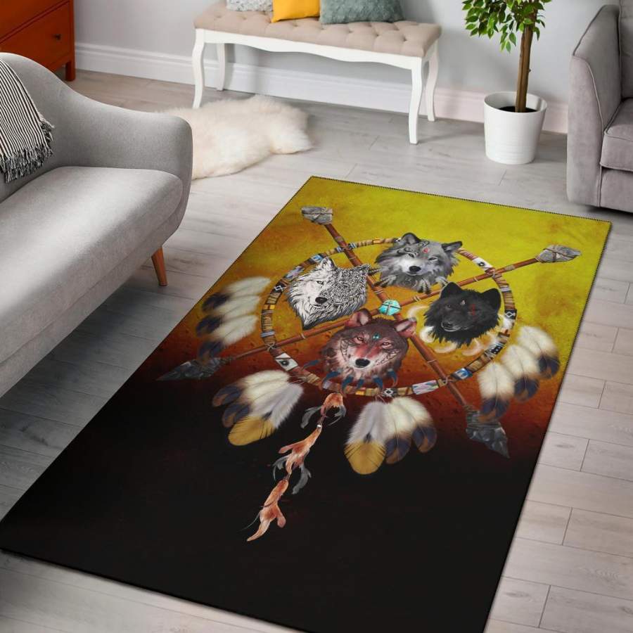 4 Wolves Warriors Native American Design Area Rug  Chussin | Home Decor Easily