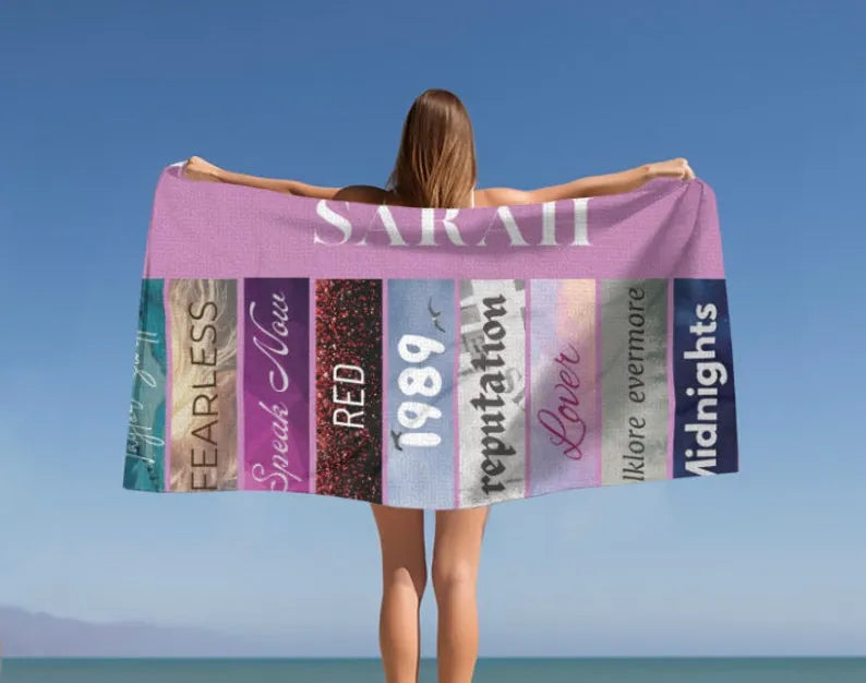 Taylor Swift Inspired Custom Name Towel - Eras Tour Personalized Beach Towel, Swiftie Gift, TS New Album, Tortured Poets Department