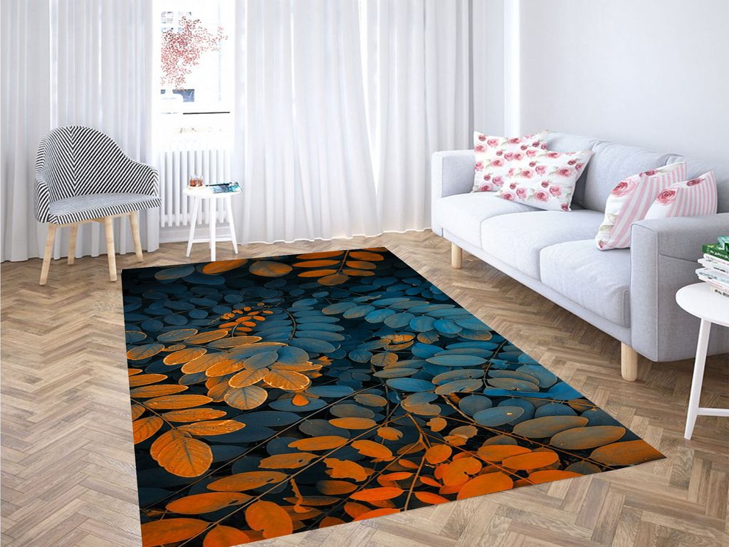 Blue And Orange Leaves Living Room Modern Carpet Rug -  Chussin | Home Decor Easily