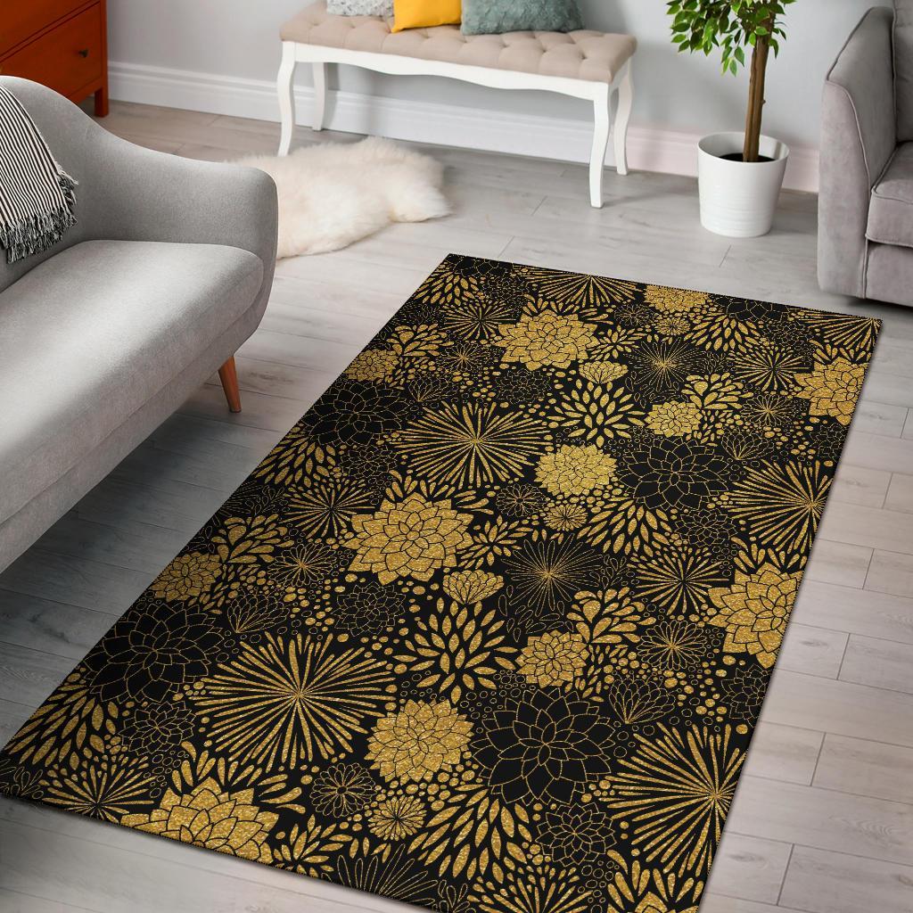 Gold Glitter Floral Pattern Print Area Rug  Chussin | Home Decor Easily