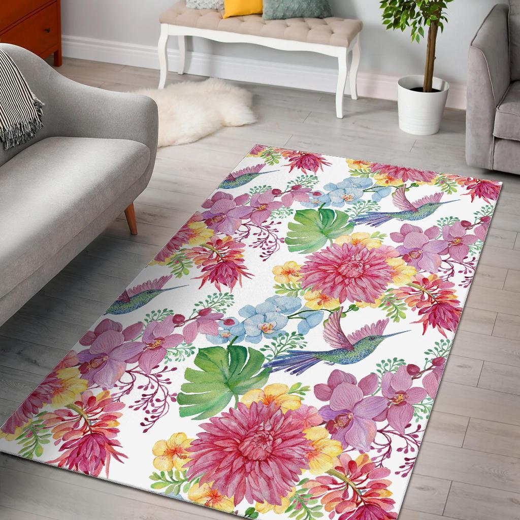 Hummingbird White Floral Drawing Area Rug  Chussin | Home Decor Easily