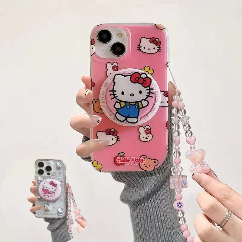 Cute Hello Kitty Magnetic Grip Holder Magsafe Wireless Charge Phone Chain Case