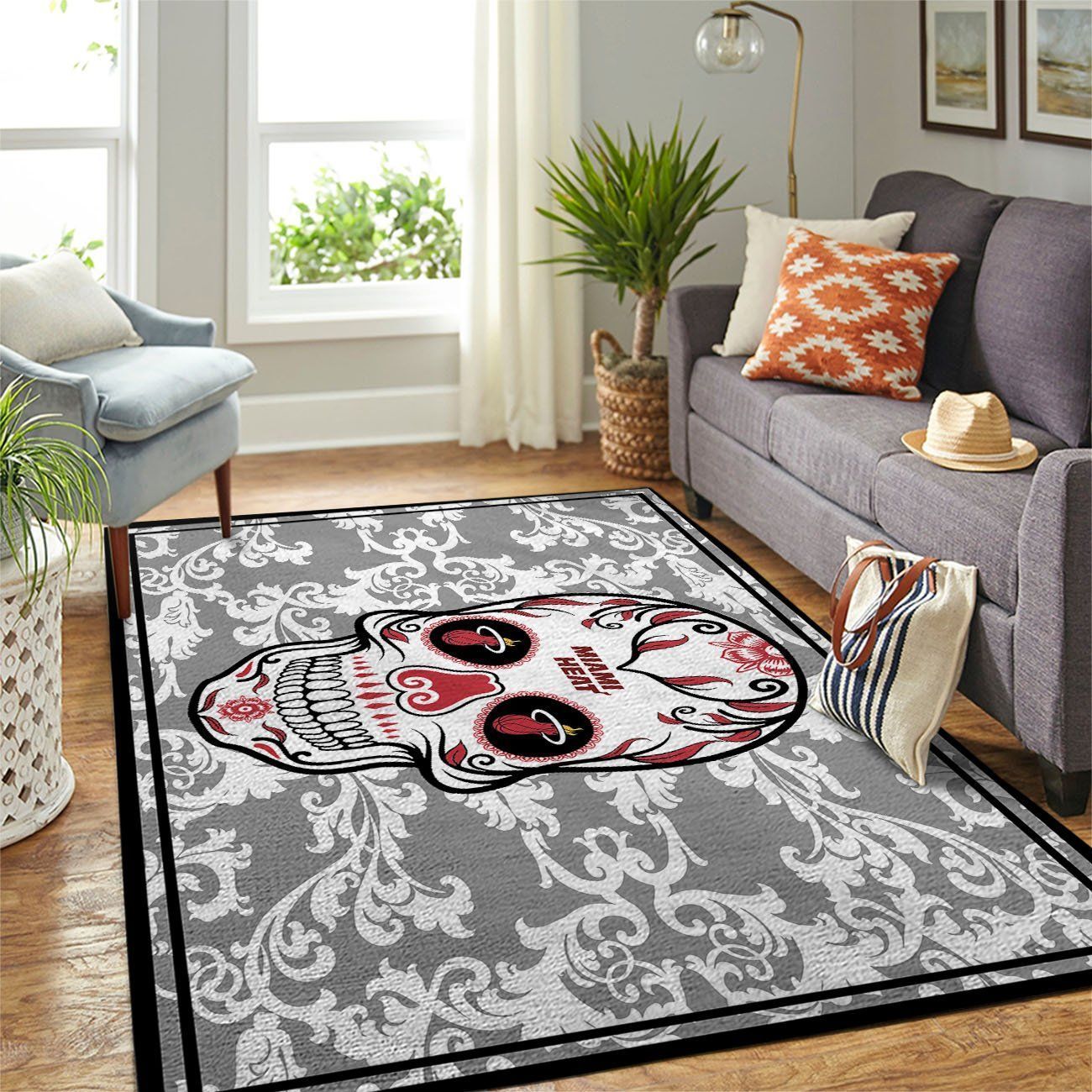 Miami Heat Nba Area Rugs Skull Flower Style Sports  Chussin | Home Decor Easily