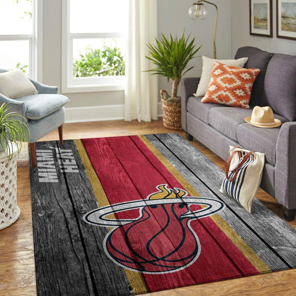 Miami Heat Nba Team Logo Area Rugs Wooden Style Sports  Chussin | Home Decor Easily
