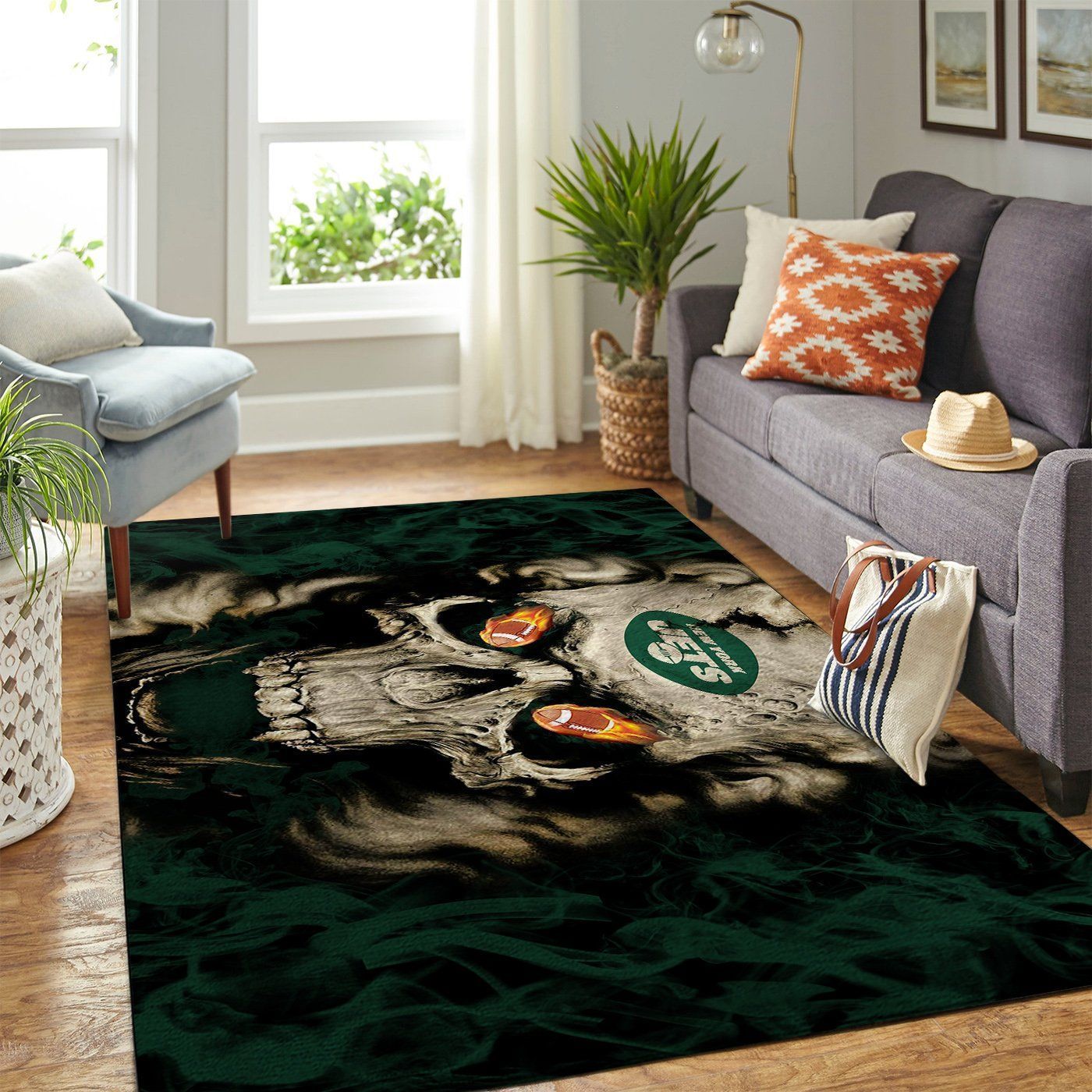 New York Jets Nfl Area Team Logo Skull Style Sports Rug Regtangle  Chussin | Home Decor Easily