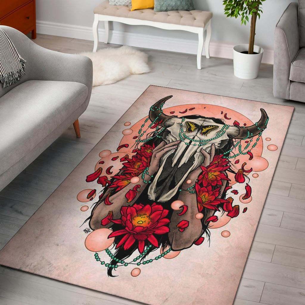 Pink Bison Skull Native American Area Rug  Chussin | Home Decor Easily