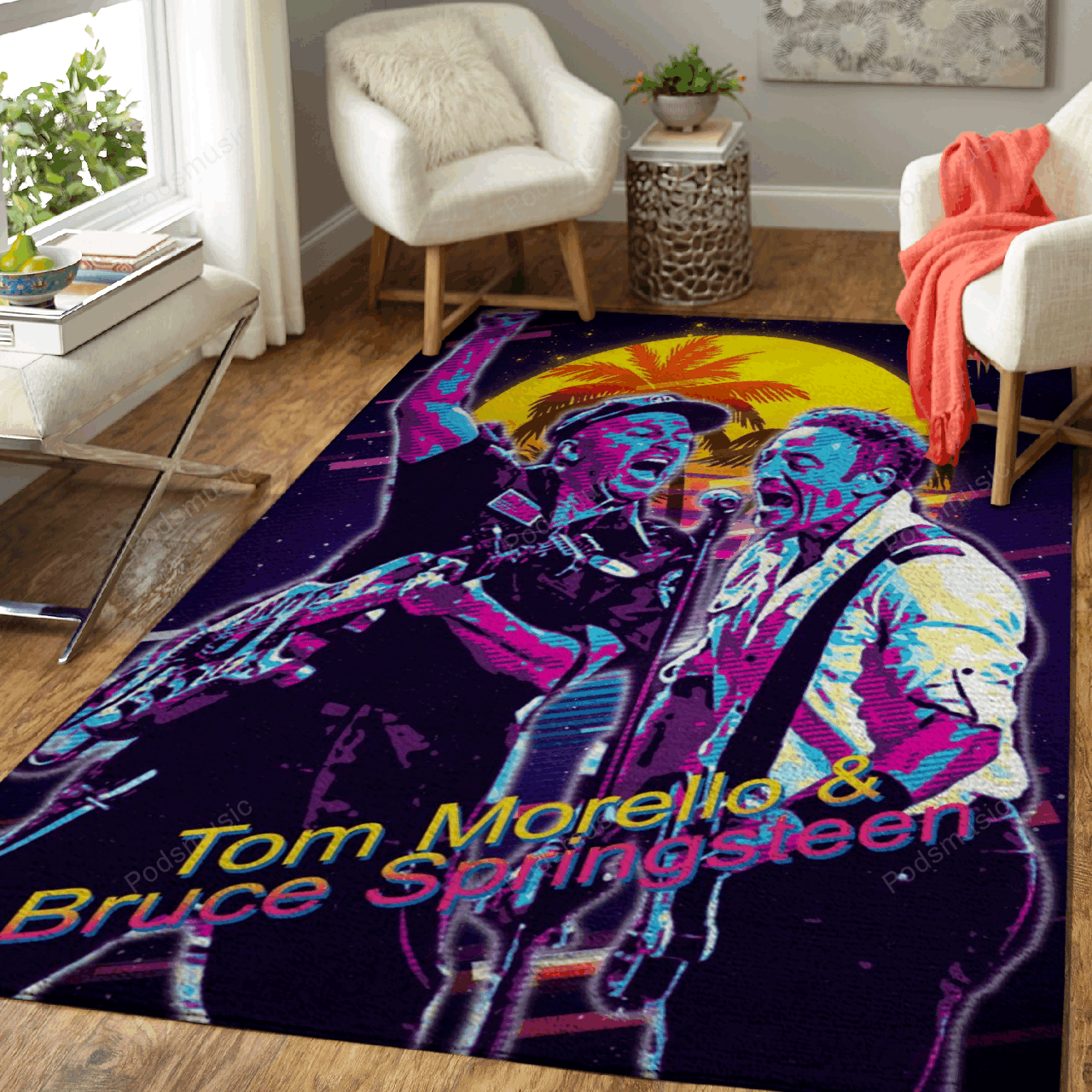 Tom Morello Bruce Springst Artwork Music Synthwave 80S Art For Fans Area Rug Regtangle  Chussin | Home Decor Easily