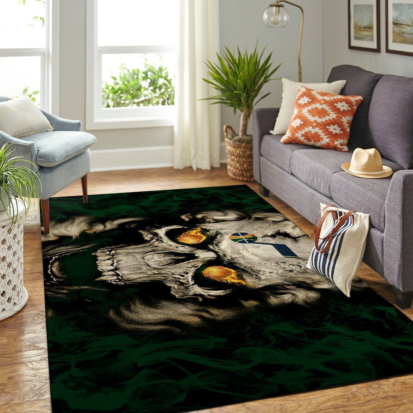 Utah Jazz Nba Area Team Logo Skull Style Sports Rug Regtangle  Chussin | Home Decor Easily
