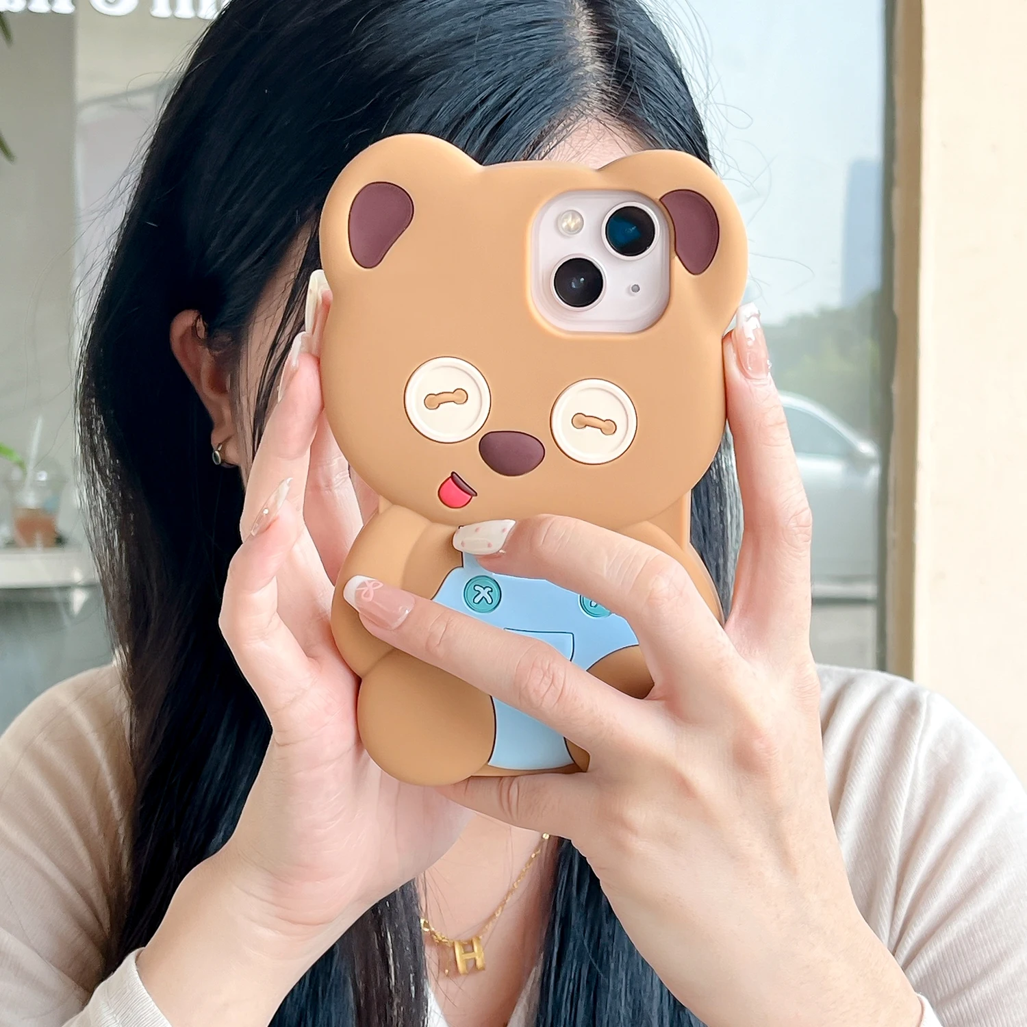 3D Cute Funny Cartoon Button Bear Phone Case